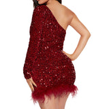 Sparkly One Shoulder Bodycon Velvet Feather Sequin Party Dress Red Homecoming Dresses HZ1024