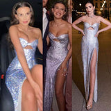 Sexy Mermaid Strapless Sequin Long Silver Slit Prom Dresses Evening Dress HZ1024