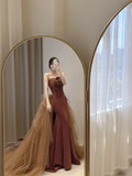 Simple Mermaid Strapless Brown Floor Length Prom Dress HZ1024