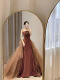 Simple Mermaid Strapless Brown Floor Length Prom Dress HZ1024