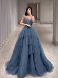Luxury A line Spaghetti Straps Grey Blue Floor Length Prom Dresses HZ1024
