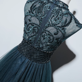 Sparkly A line High Neckline Floor Length Tulle Green Prom Dresses HZ1024