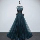 Sparkly A line High Neckline Floor Length Tulle Green Prom Dresses HZ1024