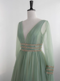 A line V Neckline Floor Length Tulle Mint Green Long Prom Dresses HZ1024
