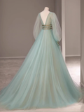 A line V Neckline Floor Length Tulle Mint Green Long Prom Dresses HZ1024