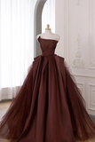 Ball Gown Strapless Floor Length Brown Long Prom Dresses HZ1024