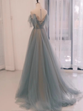 A line Straplesss Floor Length Tulle Blue Long Prom Dresses HZ1024