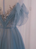 A line Straplesss Floor Length Tulle Blue Long Prom Dresses HZ1024