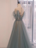 A line Straplesss Floor Length Tulle Blue Long Prom Dresses HZ1024