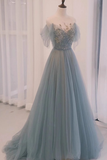 A line Straplesss Floor Length Tulle Blue Long Prom Dresses HZ1024