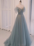 A line Straplesss Floor Length Tulle Blue Long Prom Dresses HZ1024