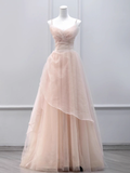 Simple A line Straps Floor Length Tulle Pink Long Prom Dresses HZ1024