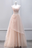 Simple A line Straps Floor Length Tulle Pink Long Prom Dresses HZ1024