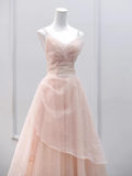 Simple A line Straps Floor Length Tulle Pink Long Prom Dresses HZ1024
