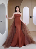 Simple Mermaid Strapless Brown Floor Length Tulle Prom Dress HZ1024