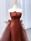 Simple Mermaid Strapless Brown Floor Length Tulle Prom Dress HZ1024