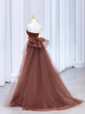 Simple Mermaid Strapless Brown Floor Length Tulle Prom Dress HZ1024