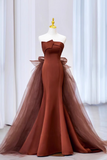 Simple Mermaid Strapless Brown Floor Length Tulle Prom Dress HZ1024