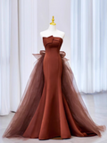 Simple Mermaid Strapless Brown Floor Length Tulle Prom Dress HZ1024