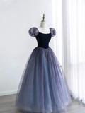Princess Ball Gown Floor Length Short Sleeves Tulle Prom Dress HZ1024