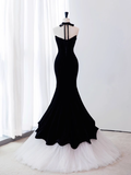 Mermaid Sleeveless Black Tulle Velvet Prom Dress HZ1024