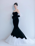 Mermaid Sleeveless Black Tulle Velvet Prom Dress HZ1024