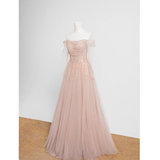 Princess A line Off The Shoulder Pink Tulle Prom Dress HZ1024