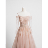 Princess A line Off The Shoulder Pink Tulle Prom Dress HZ1024