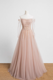 Princess A line Off The Shoulder Pink Tulle Prom Dress HZ1024
