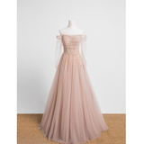 Princess A line Off The Shoulder Pink Tulle Prom Dress HZ1024