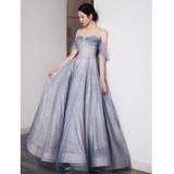 Cute A line Off The Shoulder Blue Tulle Prom Dress HZ1024
