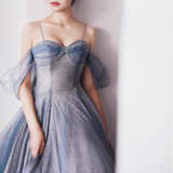 Cute A line Off The Shoulder Blue Tulle Prom Dress HZ1024