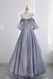 Cute A line Off The Shoulder Blue Tulle Prom Dress HZ1024