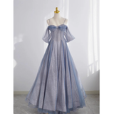 Cute A line Off The Shoulder Blue Tulle Prom Dress HZ1024