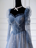 Cute A line Long Sleeves Blue Tulle Prom Dress HZ1024