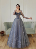Cute A line Long Sleeves Blue Tulle Prom Dress HZ1024