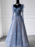 Cute A line Long Sleeves Blue Tulle Prom Dress HZ1024