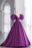 Ball Gown Short Sleeves Grape Satin Long Prom Dresses HZ1024