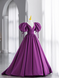 Ball Gown Short Sleeves Grape Satin Long Prom Dresses HZ1024