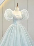 Ball Gown Short Sleeves Tulle Light Sky Blue Long Prom Dresses HZ1024