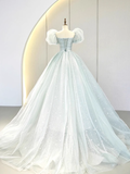 Ball Gown Short Sleeves Tulle Light Sky Blue Long Prom Dresses HZ1024