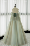 Ball Gown Short Sleeves Tulle Green Long Prom Dresses HZ1024