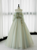 Ball Gown Short Sleeves Tulle Green Long Prom Dresses HZ1024