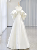 A-Line Sweetheart Neck Satin White Long Wedding Dresses HZ1024