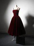 Simple A-Line Velvet Tea Length Burgundy Prom Dress HZ1024
