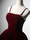 Simple A-Line Velvet Tea Length Burgundy Prom Dress HZ1024