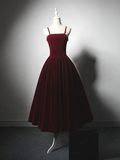 Simple A-Line Velvet Tea Length Burgundy Prom Dress HZ1024