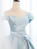 A-Line Light Sky Blue Satin Tulle Long Prom Dres HZ1024