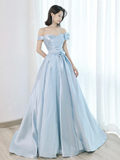 A-Line Light Sky Blue Satin Tulle Long Prom Dres HZ1024