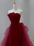 Simple Mermaid Tulle Velvet Burgundy Long Prom Dress HZ1024